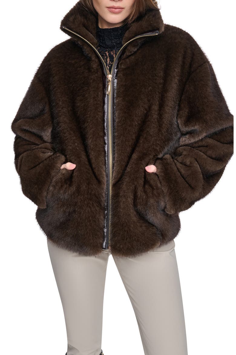 Zip Front Faux Fur Jacket, Main, color, BROWN