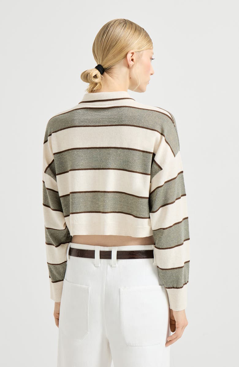 Brunello Cucinelli Cropped knit polo with sparkling stripes, Alternate, color, Sage