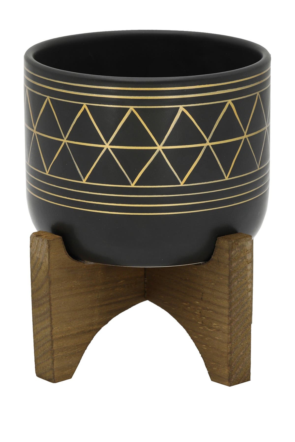 FLORA BUNDA Black/Gold Geo Planter on Wood Stand