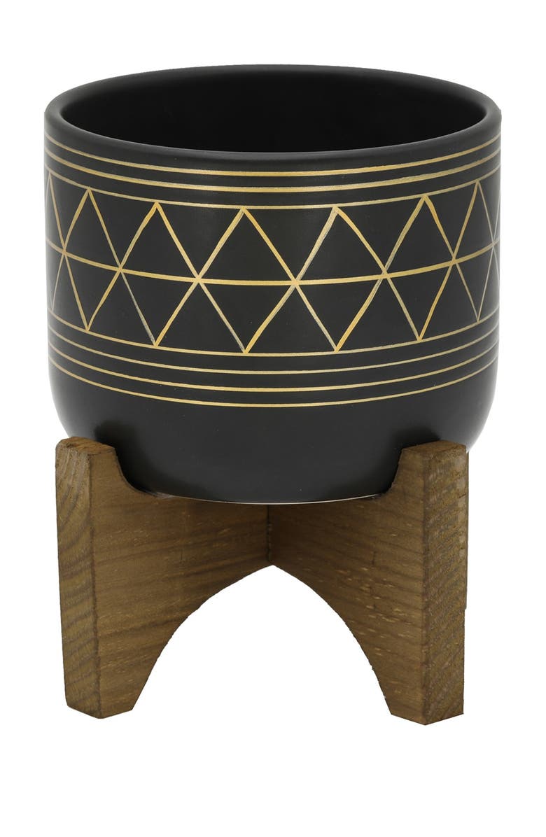 FLORA BUNDA Black/Gold Geo Planter on Wood Stand, Main, color, Black/Gold