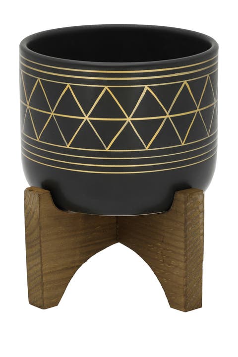 Black/Gold Geo Planter on Wood Stand