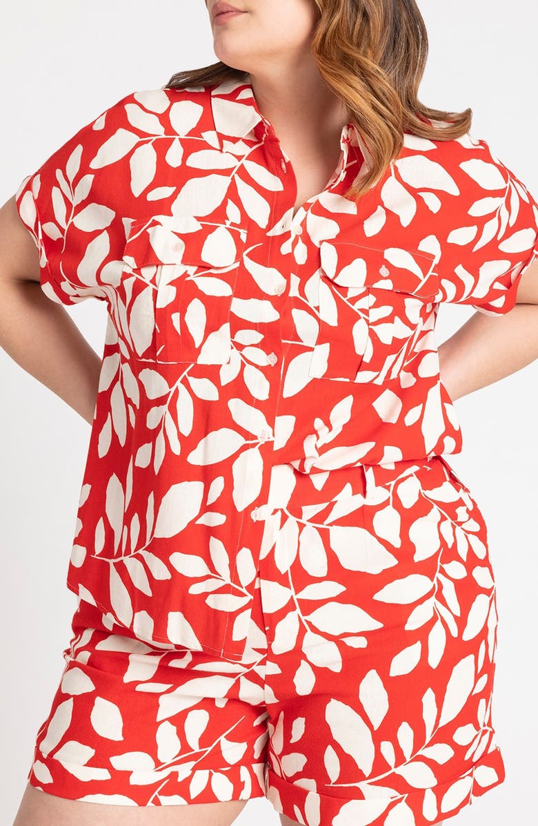 ELOQUII Floral Short Sleeve Linen Blend Utility Button-Up Shirt, Main, color,