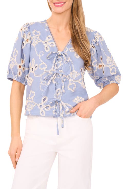 Embroidered Puff Sleeve Cotton Top