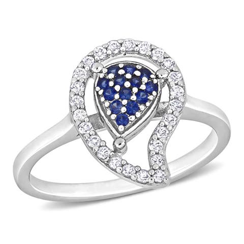 White Topaz & Created Blue Sapphire Halo Ring
