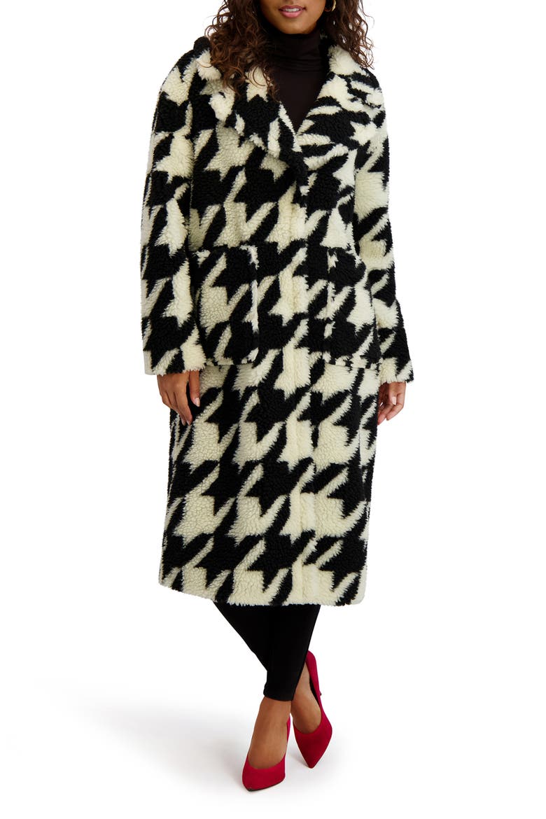 Houndstooth Faux Shearling Coat, Main, color, BLACK/ WHITE