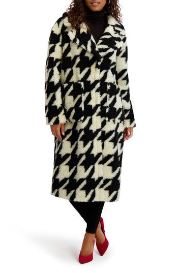 Kensie Houndstooth Faux Shearling Coat In Multi