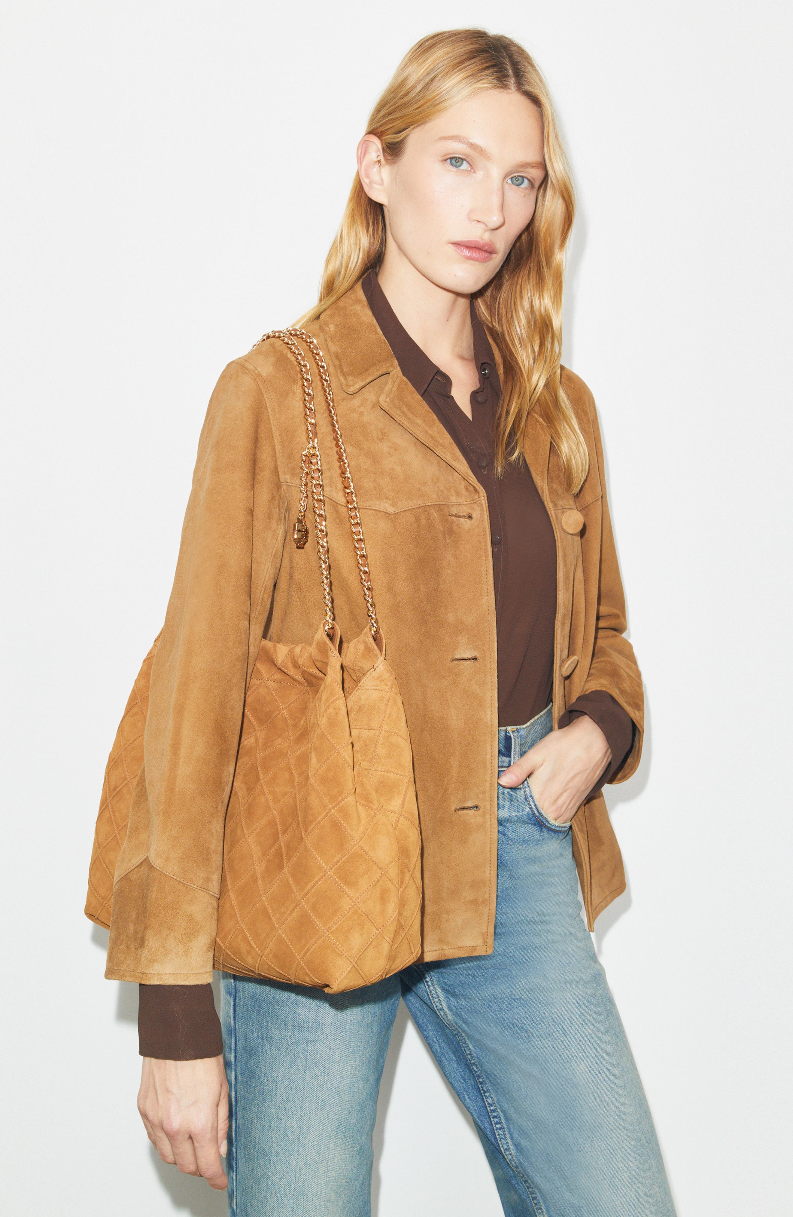 Tory Burch Fleming Soft Quilted Suede Hobo Bag, Alternate, color, Chicory Brown