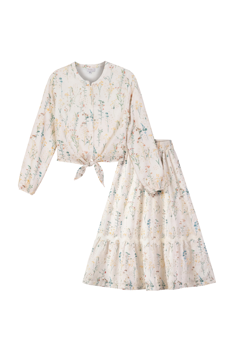 Floral Woven Tie Front Elastic Waist Shirt and Skirt Set, Main, color, Cream
