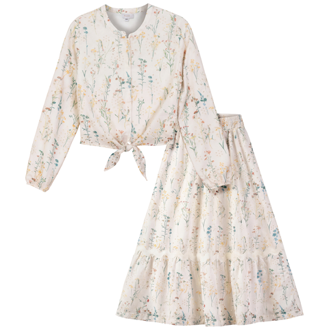 Floral Woven Tie Front Elastic Waist Shirt and Skirt Set