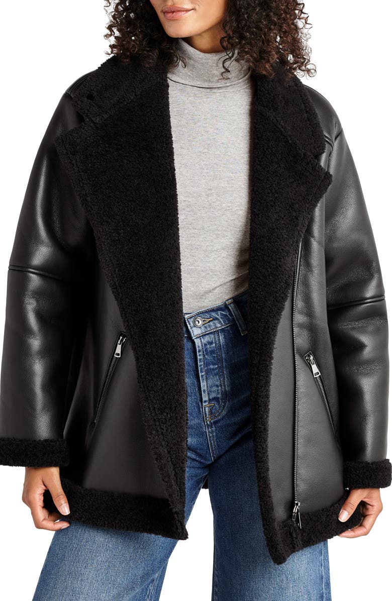 Splendid Earhart Faux Leather Aviator Jacket with Faux Fur Collar, Main, color,