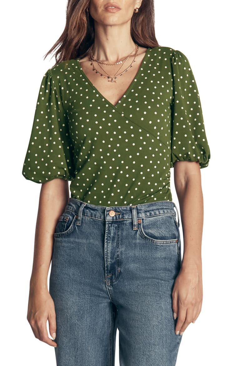 Ruched Short Sleeve Wrap Top, Main, color, GREEN SPOT