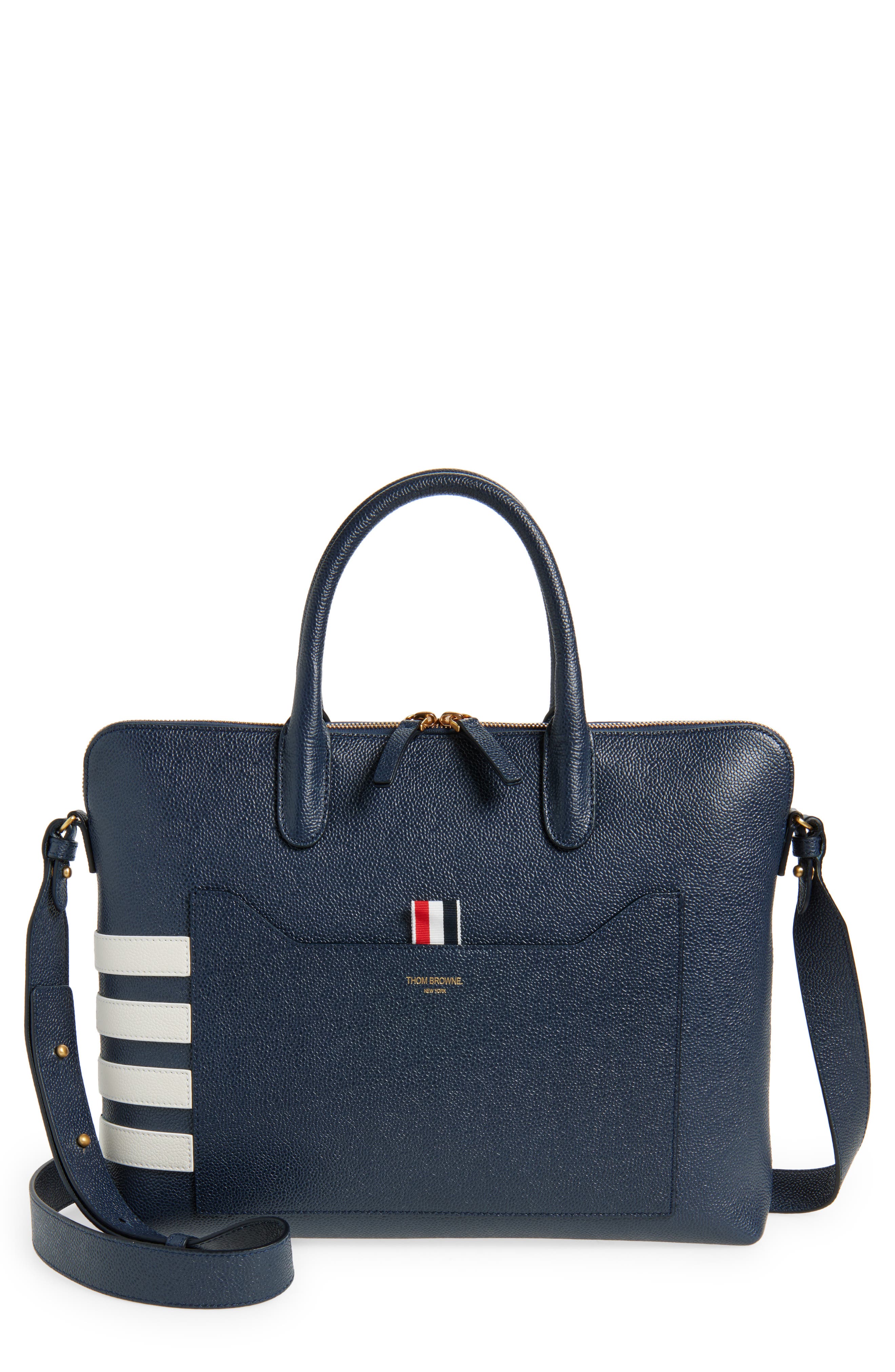 Thom Browne Slim 4-Bar Leather Briefcase, Main, color, Navy
