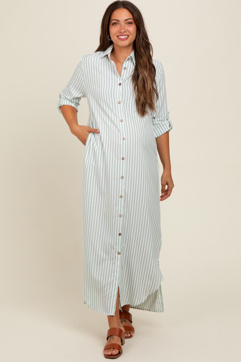 Striped Button Down Maxi Dress, Alternate, color, Light Olive