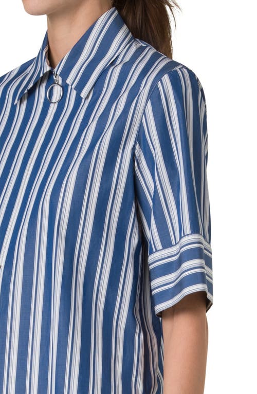 Shop Akris Punto Stripe Half Zip Cotton Shirt In Navy-cream