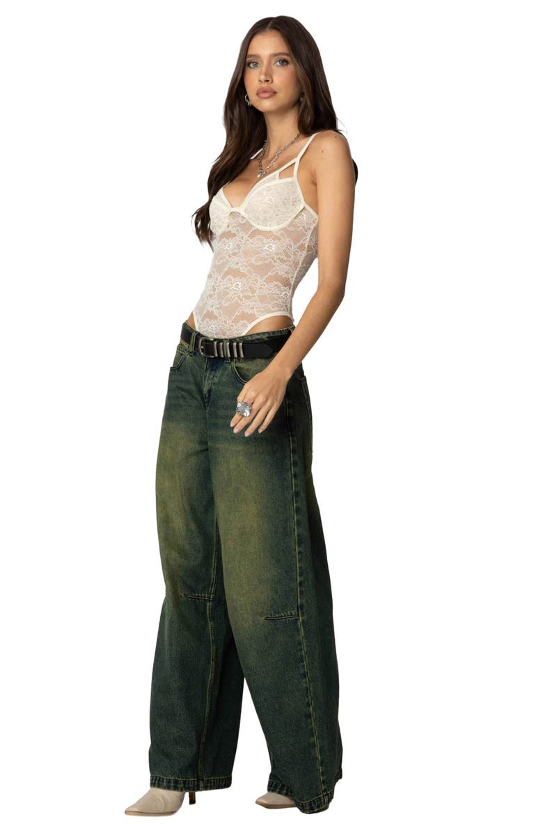 EDIKTED Cutout Lace Bodysuit, Alternate, color, Cream