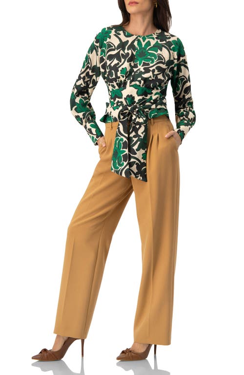 Ivonne Floral Print Blouse With Waist Tie And Keyhole Neckline In Green