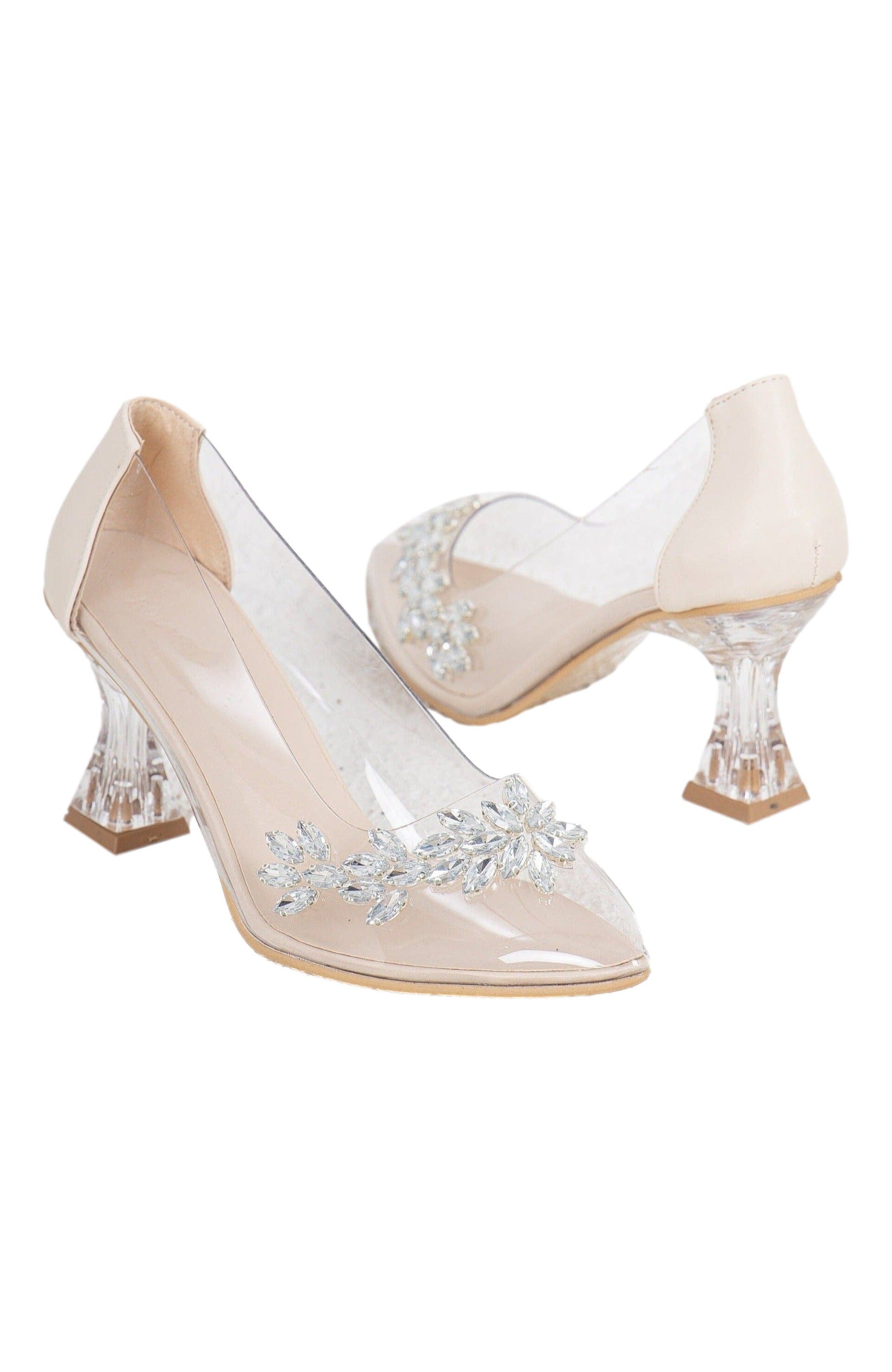 Forever & Always Shoes Cinderella Transparent High Heels, Alternate, color, Beige Faux Leather