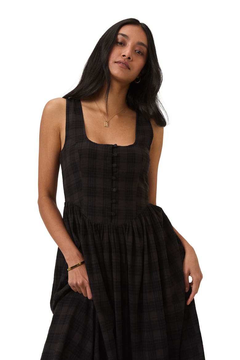 Cora Plaid Midi Dress, Alternate, color, BLACK