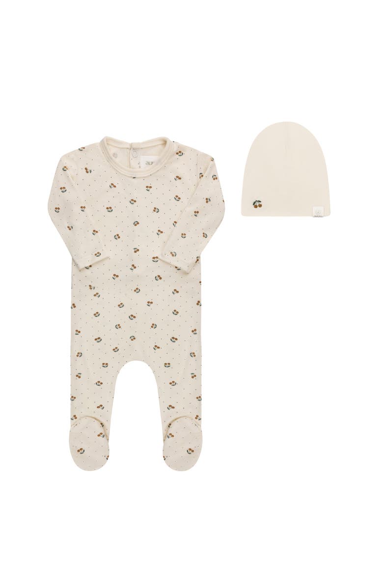 Ely's & Co. Aurora Classics Modal Cherry Print Collection Footie + Beanie, Main, color, Ivory/Yellow