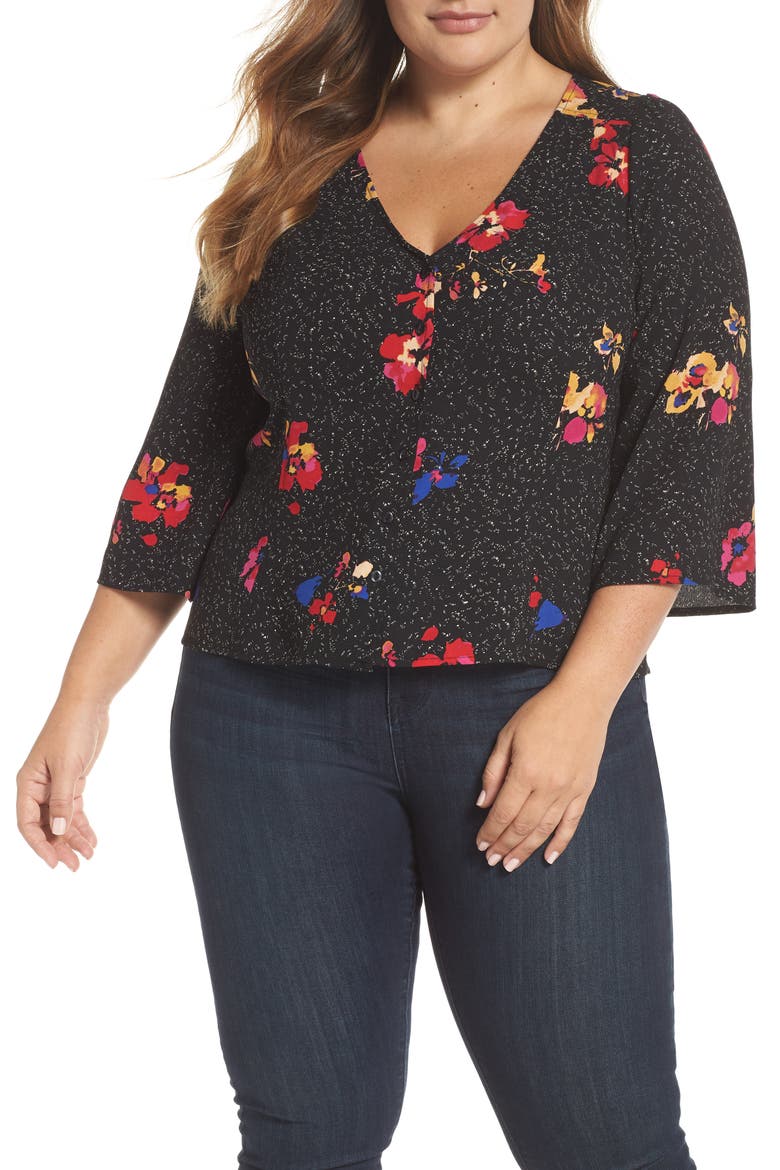 Button Front Print Blouse, Alternate, color, BLACK SPECKLED FLORAL