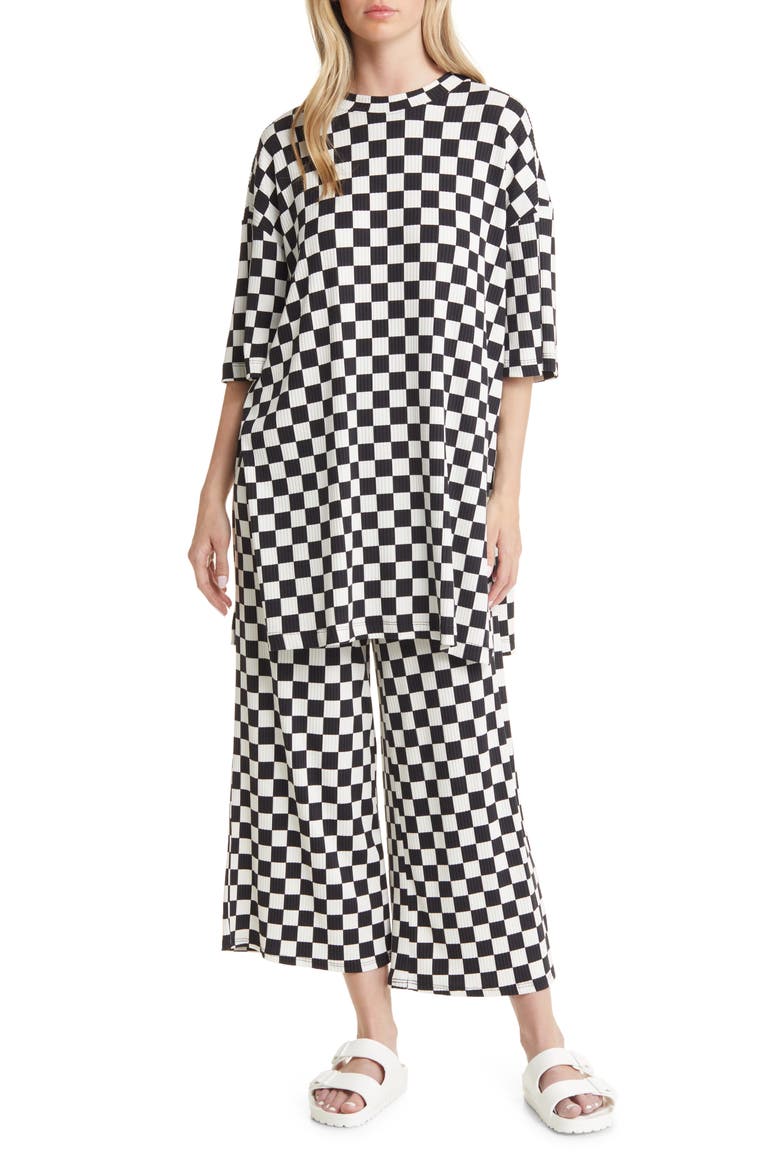 Lex Ribbed Oversize T-Shirt & High Waist Crop Pants Set, Main, color, BLACK / WHITE CHECK