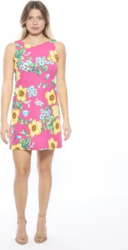 24seven Comfort Apparel Womens Floral Round Neck Sleeveless A-Line Mini Shift Dress