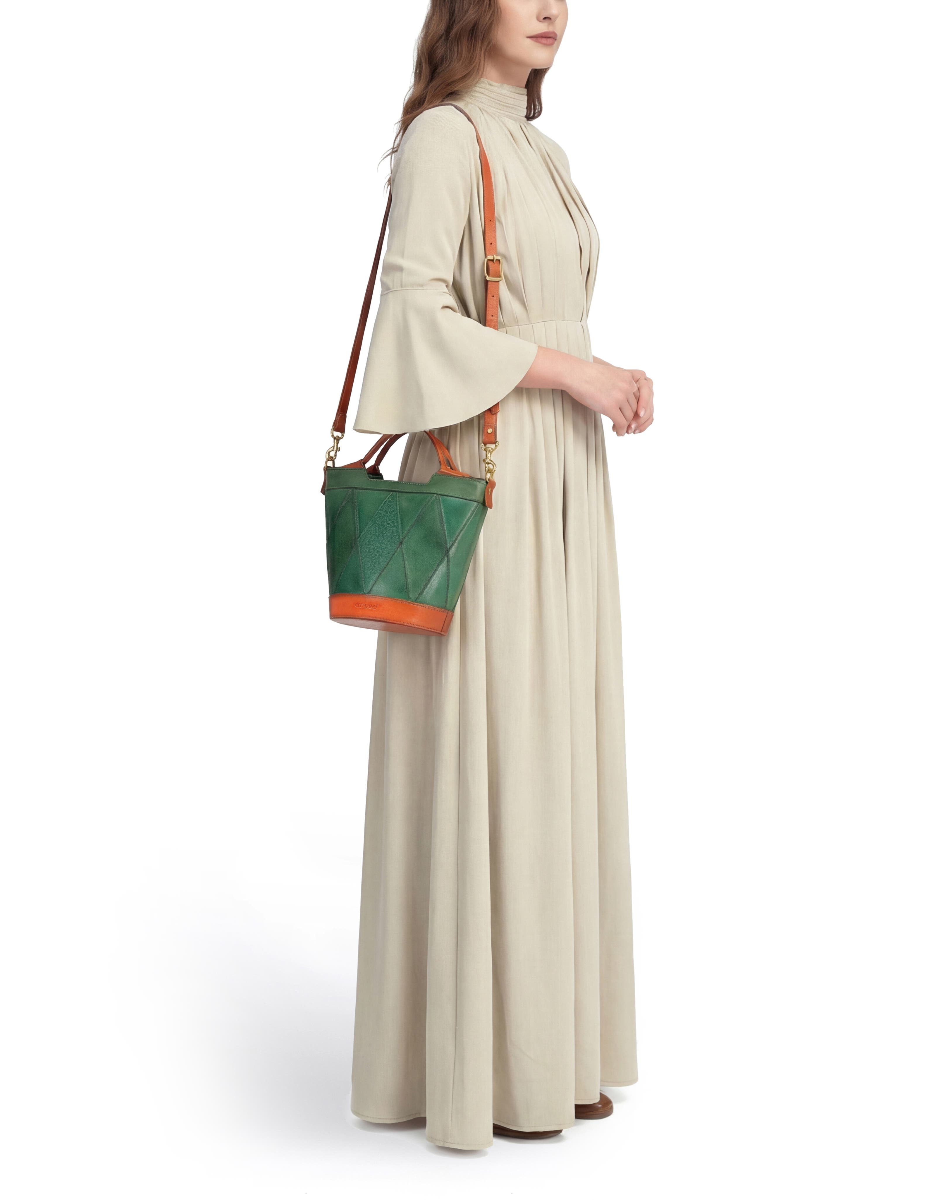 Primrose Genuine Leather Embossed Mini Bucket Tote, Alternate, color, Green