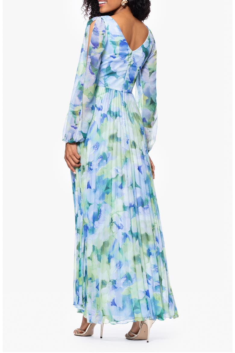 Floral Long Sleeve Pleated Gown, Alternate, color, BLUE/ MULTI