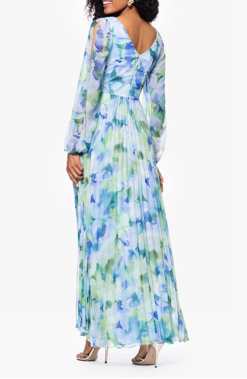 Betsy & Adam Floral Long Sleeve Pleated Gown In Blue/multi