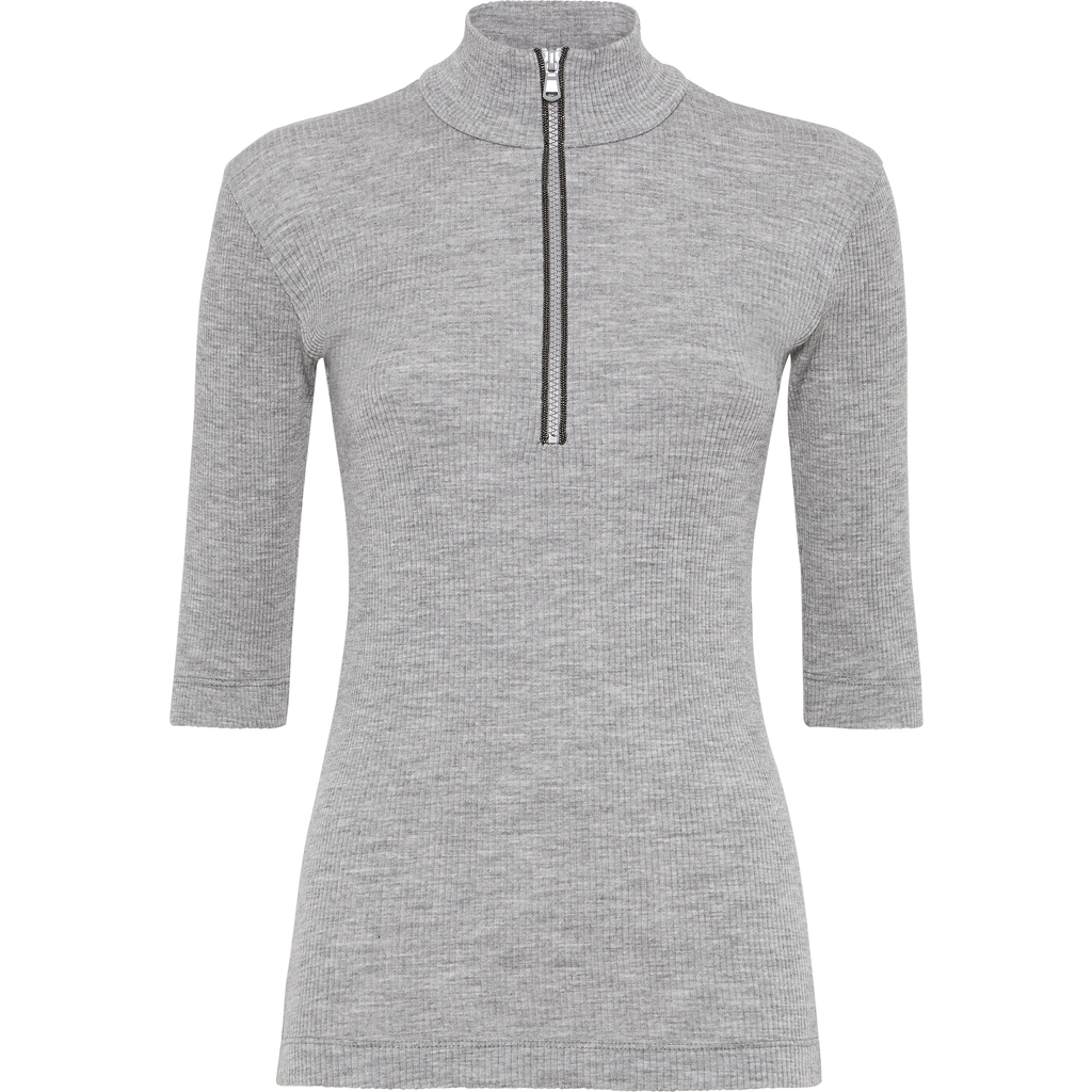 Brunello Cucinelli Ribbed Zip-neck Top In Gray