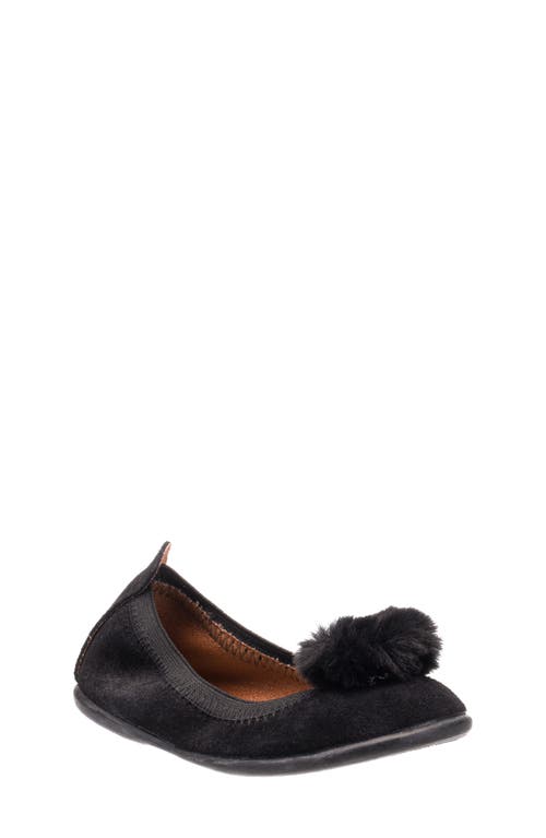 Elephantito Kids' Faux Fur Pompom Ballerina Flat in Black 