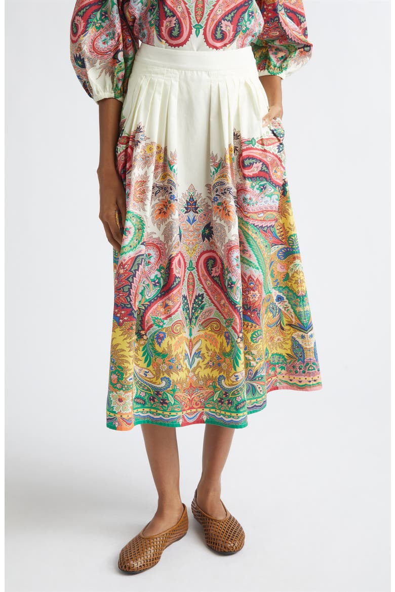 Paisley Pleated Cotton Voile Midi Skirt, Main, color, PRINT ON WHITE BASE