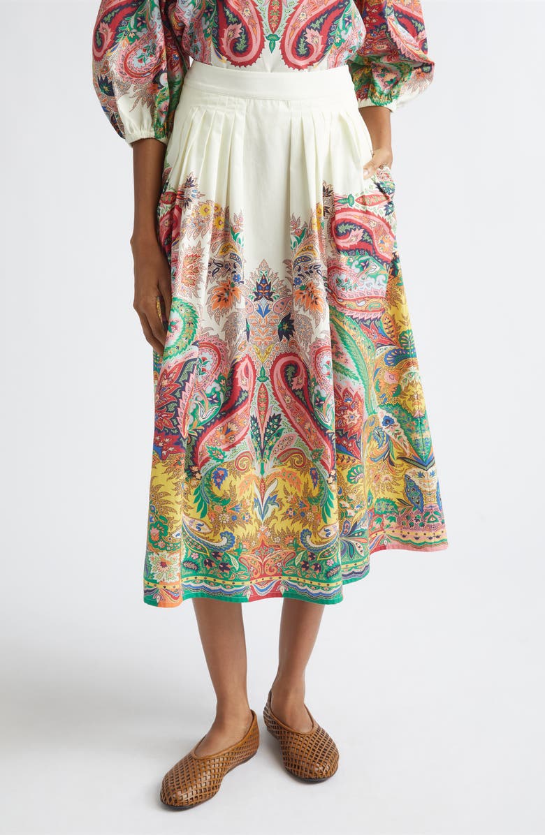 Etro Paisley Pleated Cotton Voile Midi Skirt, Main, color, Print On White Base