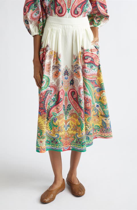 Paisley Pleated Cotton Voile Midi Skirt