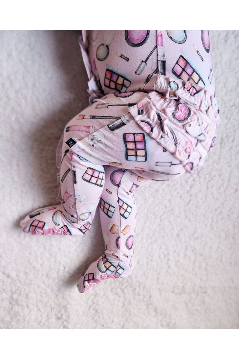Makeup Print Ruffled Footie Pajamas, Alternate, color, Pink
