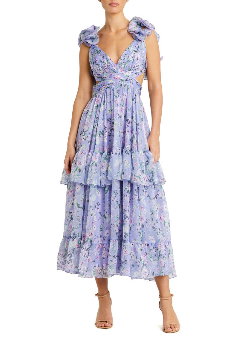 Ruffle Tiered Cut-Out Floral Chiffon Dress, Main, color, LILAC MULTI