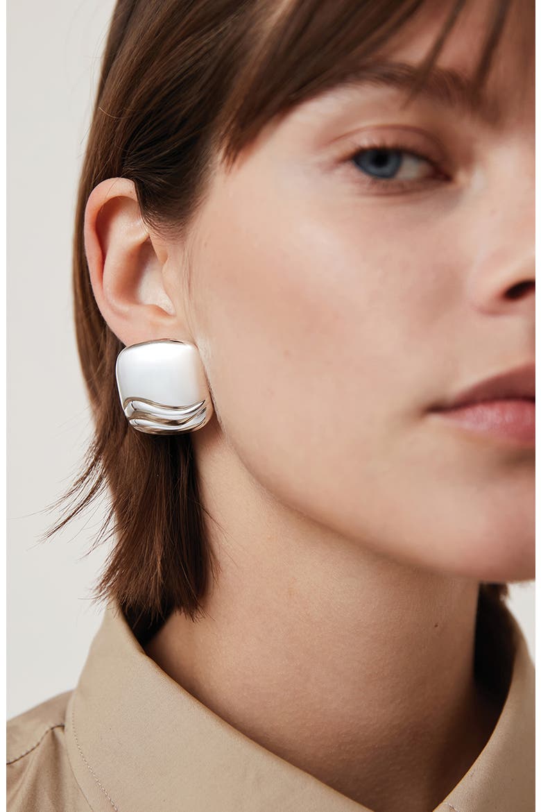 Rue Statement Button Earrings, Alternate, color, HIGH POLISH SILVER