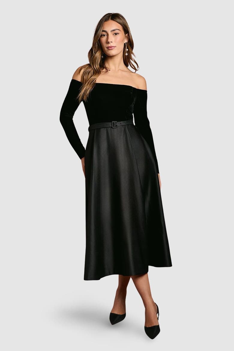 Bardot Full Skirted Midi Dress, Main, color, Black