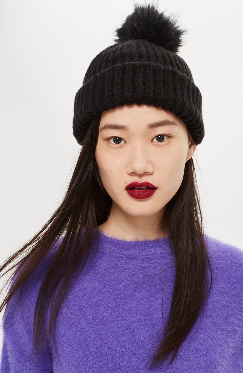 Topshop Faux Fur Pompom Beanie, Alternate, color, 