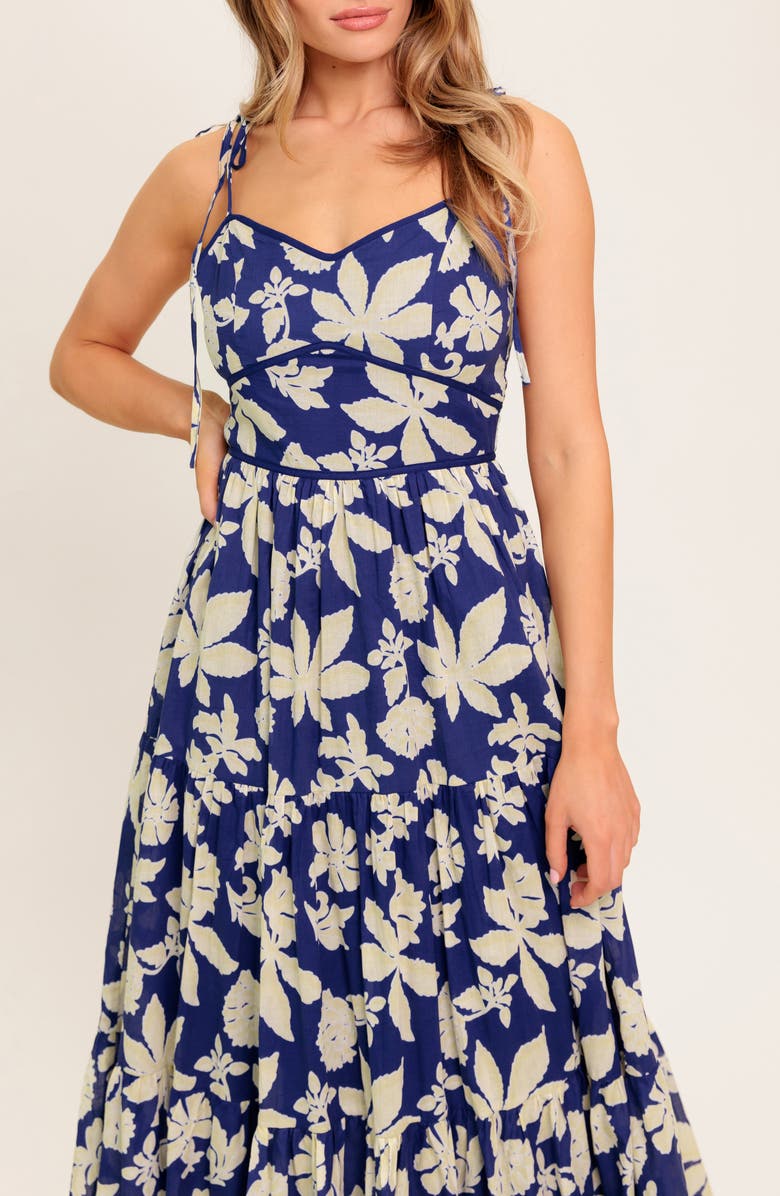 FLYING TOMATO Floral Tie Strap Tiered Cotton Midi Sundress, Alternate, color, Navy
