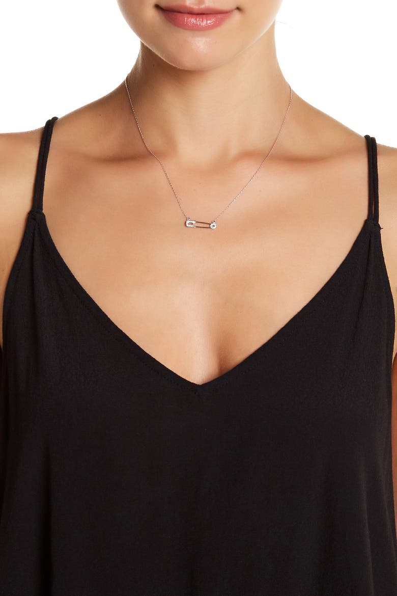 Pavé Cubic Zirconia Safety Pin Pendant Necklace, Main, color, SILVER