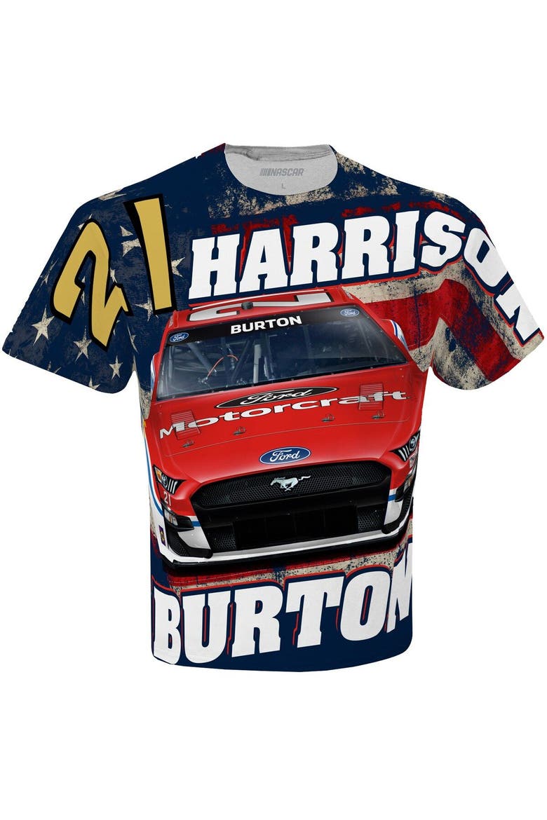 Men's Checkered Flag White Harrison Burton Motorcraft Sublimated Patriotic Total Print T-Shirt, Alternate, color, White
