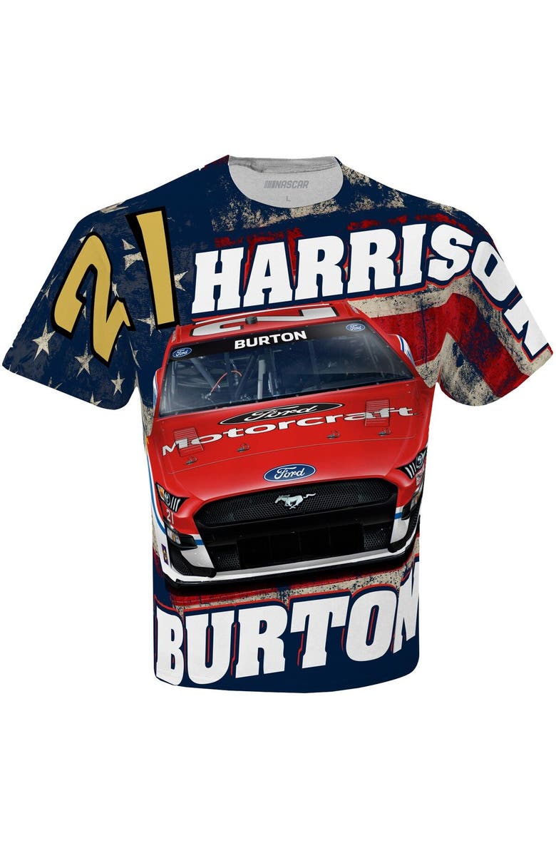 CHECKERED FLAG Men's Checkered Flag White Harrison Burton Motorcraft Sublimated Patriotic Total Print T-Shirt, Alternate, color, 