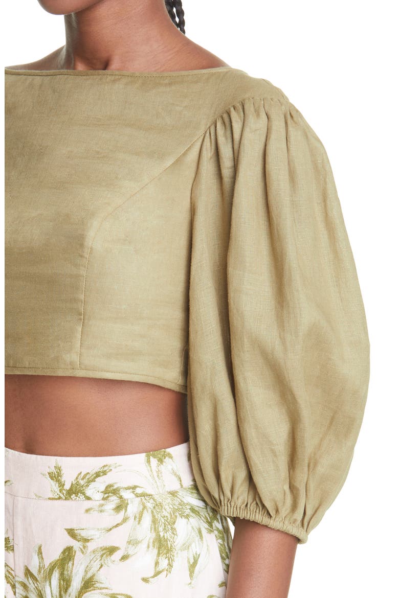 Empire Puff Sleeve Linen Crop Top, Alternate, color, KHAKI