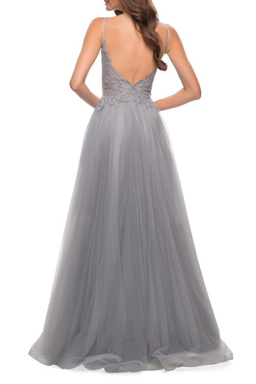 La Femme Tulle A Line Gown With Lace Rhinestone Bodice In Silver