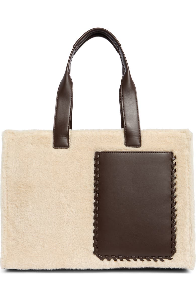 BCBG Whipstitch Faux Shearling Tote Bag with Pouch, Main, color, Cream Chocolate