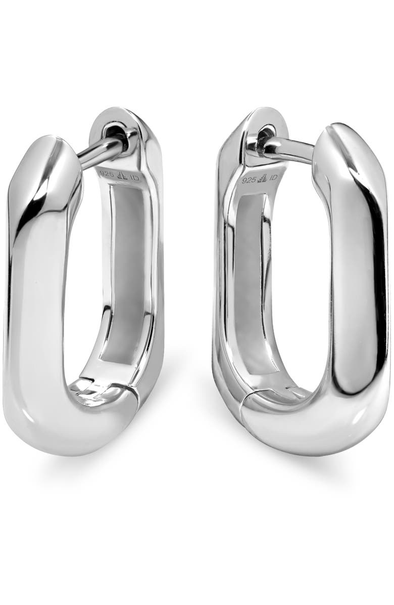 DEVATA Beveled Hoop Earrings in Rhodium Plated Sterling Silver, Main, color, Silver