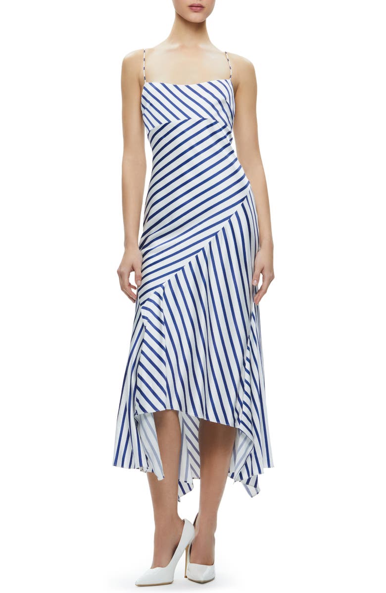 Alice + Olivia Rosa Directional Stripe Asymmetric Midi Dress, Main, color,