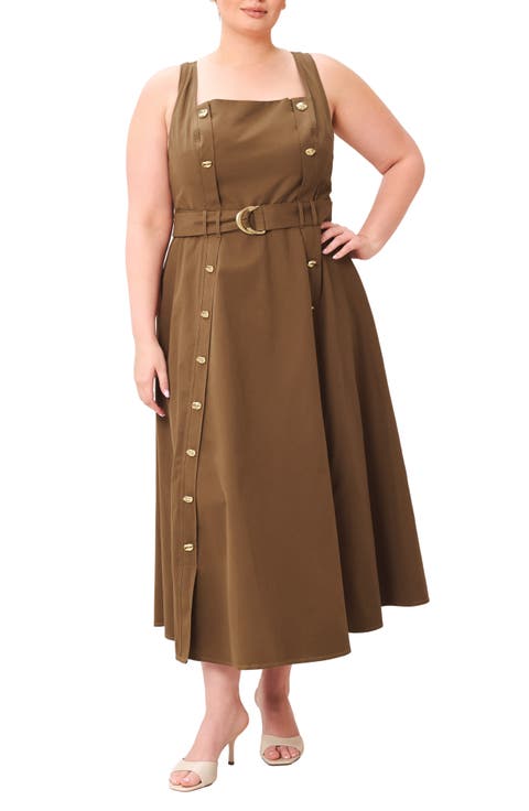 Square Neck Cotton Midi Dress with Belt