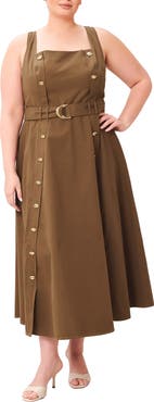 FREEMARKET Square Neck Cotton Midi Dress with Belt